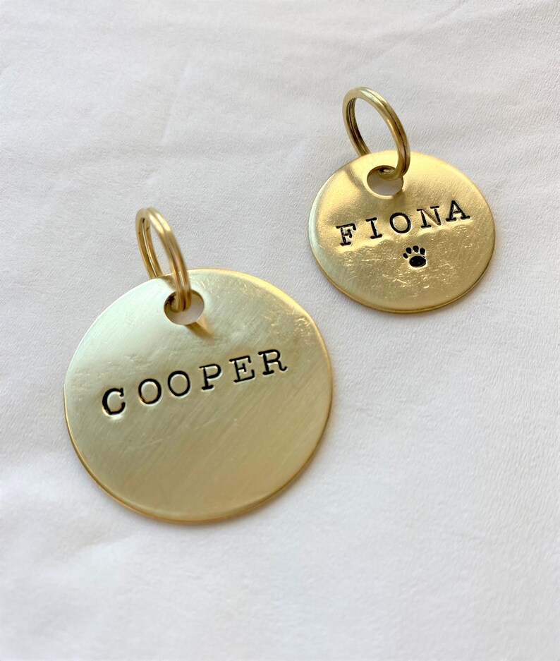 May include: Two gold-colored metal dog tags with engraved names. The tag on the left says "COOPER" and the tag on the right says "FIONA" with a paw print symbol.