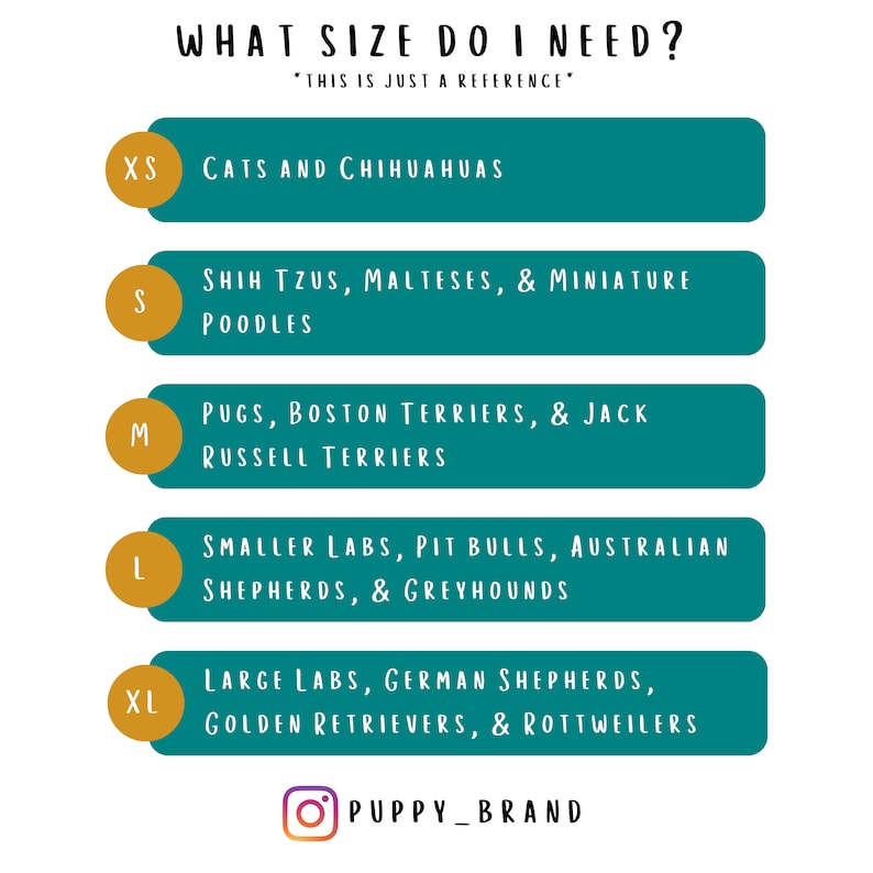 What size do I need? 
XS- Cats and Chihuahuas
S- Shih Tzus, Malteses & Miniature Poodles
M- Pugs, Boston Terriers & Jack Russell Terriers
L- Small Labs, Pit Bulls, Australian Shepherds & Greyhounds
XL- Large Labs, German Shepherds, Golden Retrievers