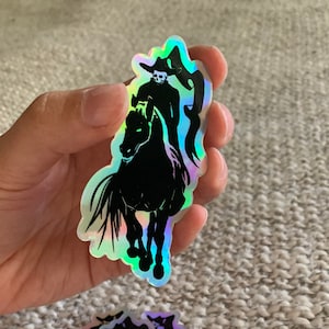Holographic Rider Sticker, holo vinyl die cut waterproof skull hell rider horse cowboy black flag doom psychedelic sci fi fantasy western