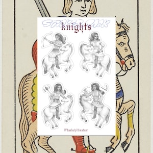 Puede incluir: Una hoja de pegatinas con cuatro ilustraciones de caballeros a caballo. Cada caballero se representa en una pose diferente, sosteniendo un arco y una flecha, una espada, un hacha y un látigo. La palabra "knights" está escrita en gótico.