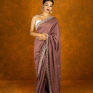 Mauve silk blend saree with silk thread cutwork embroidery, festive designer saree, handmade saree, South East asian saree, gift for her