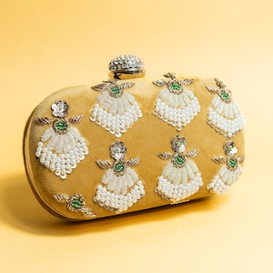 Bolso de mano/cartera de terciopelo amarillo artesanal hecho a mano, bolso de mano bordado a mano con bandolera de metal desmontable, regalo perfecto para ella.