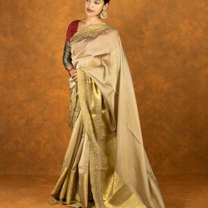 Gold and beige silk embroidered saree scallop and gold tassels, festive designer saree, South East asian saree, gift for her