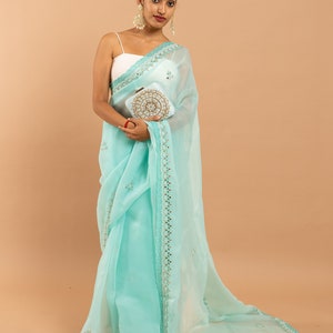 Powder blue organza saree with silk thread and glasswork saree  and beads embroidery , handmade saree