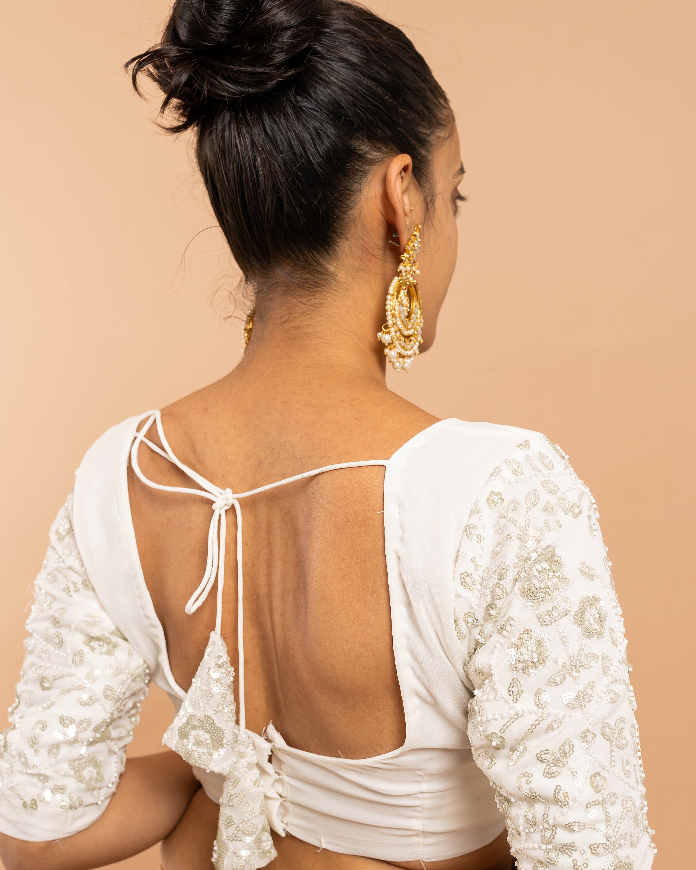 Clara Ivory Pearl Work Jacket, Blouse & Pre-Draped Saree