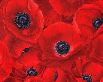 Puede incluir: Primer plano de una tela cubierta de flores de amapola de color rojo brillante. Cada flor tiene un centro oscuro y texturizado y pétalos superpuestos. La imagen está llena del patrón floral repetitivo.