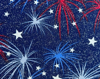 COTTON PRINT FABRIC - Fireworks print fabric - Red white & blue sparkle Fireworks Print Fabric with stars -Timeless Treasures Print Fabric