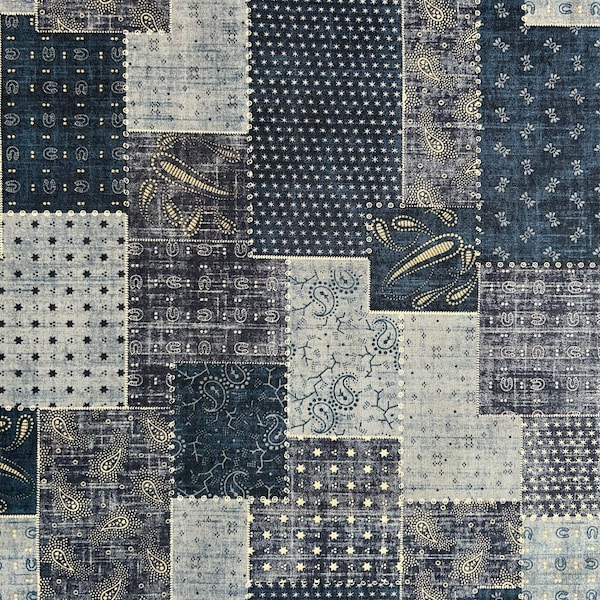 COTTON PRINT FABRIC- Blue Denim Patchwork Print Fabric - Craft Fabric by the Yard - Paisley Print Fabric - Quilting fabric
