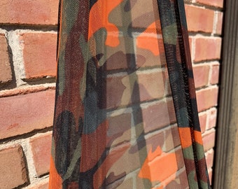 STRETCH MESH FABRIC - Mesh fabric by the yard - green camouflage print with orange Stretch mesh - mesh fabric bty - 4 way stretch fabric
