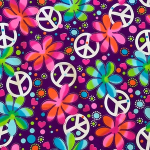 STRETCH PRINTED FABRIC - Peace & Love Print Fabric - Peace signs and floral Print Fabric - 4 way Stretch Printed Spandex Fabric