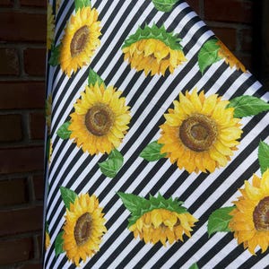 STRETCH PRINTED FABRIC - Giant Sunflowers on Black and White Stripes Print Fabric - Floral Print Spandex Fabric - Sunflower Print Fabric bty