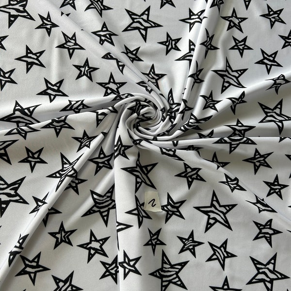 STRETCH PRINTED FABRIC - Black and white stars Print Fabric - black and white zebra Print stars Fabric - 4 way Stretch Printed Spandex