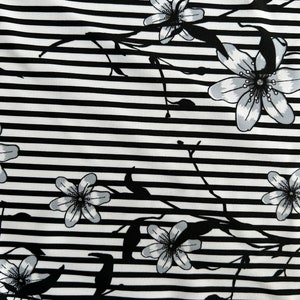 STRETCH PRINTED FABRIC - Black and white floral stripe Print Fabric - Floral with Stripes Print Fabric - 4 way Stretch Printed Spandex