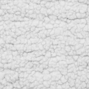 May include: White faux fur fabric with a soft, fluffy texture. The fabric has a slightly textured surface with a subtle pattern.