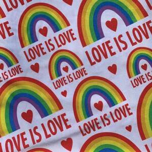 Rainbow Pride Spandex Fabric: &#39;Love is Love&#39; Print, 4-Way Stretch