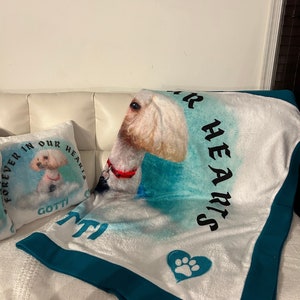 May include: A white plush blanket and pillow set featuring a dog portrait. The blanket has a teal border and the words "FOREVER IN OUR HEARTS" and "GOTTI". The pillow has the same dog portrait and the words "FOREVER IN OUR HEARTS" and "GOTTI".
