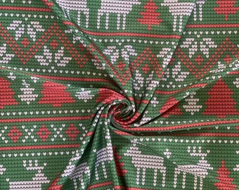 STRETCH PRINTED FABRIC- Red and Green Ugly Sweater Holiday Print Fabric - 4 way Stretch Printed Spandex Fabric - Cut and Sew Fabric Supply