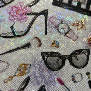 HOLOGRAPHIC PRINT FABRIC - Celestial outer space  print Holographic Stretch Fabric - 4 way Stretch Spandex Fabric - Bathing Suit Fabric