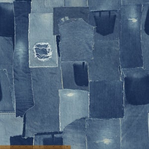 Peut inclure: Un tissu patchwork composé de différentes nuances de denim bleu. Le tissu est composé de nombreux morceaux de denim différents, dont certains ont été déchirés ou déchirés. Le tissu est parfait pour réaliser une variété de projets, tels que des courtepointes, des sacs et des vêtements.