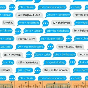 Puede incluir: Un fondo blanco con un patrón repetitivo de burbujas de texto azules y grises. Las burbujas de texto contienen abreviaturas comunes de jerga de Internet y sus significados. Por ejemplo, 'lol = laugh out loud', 'ttyl = talk to you later', 'gr8 = great', '2day = today', 'f2f = face to face', 'atm = at the moment', 'nvm = nevermind', 'b4 = before', 'jk = just kidding', 'idk = i don't know', 'ty = thank you', 'brb = be right back', 'gtg = got to go', 'yw = you're welcome', 'np = no problem', 'omg = oh my god', 'xoxo = hugs & kisses', 'ikr = i know, right?', '2nite = tonight', '2moro = tomorrow', 'k = okay', 'wb = wb', 'lm = lm', 'plz = please'.