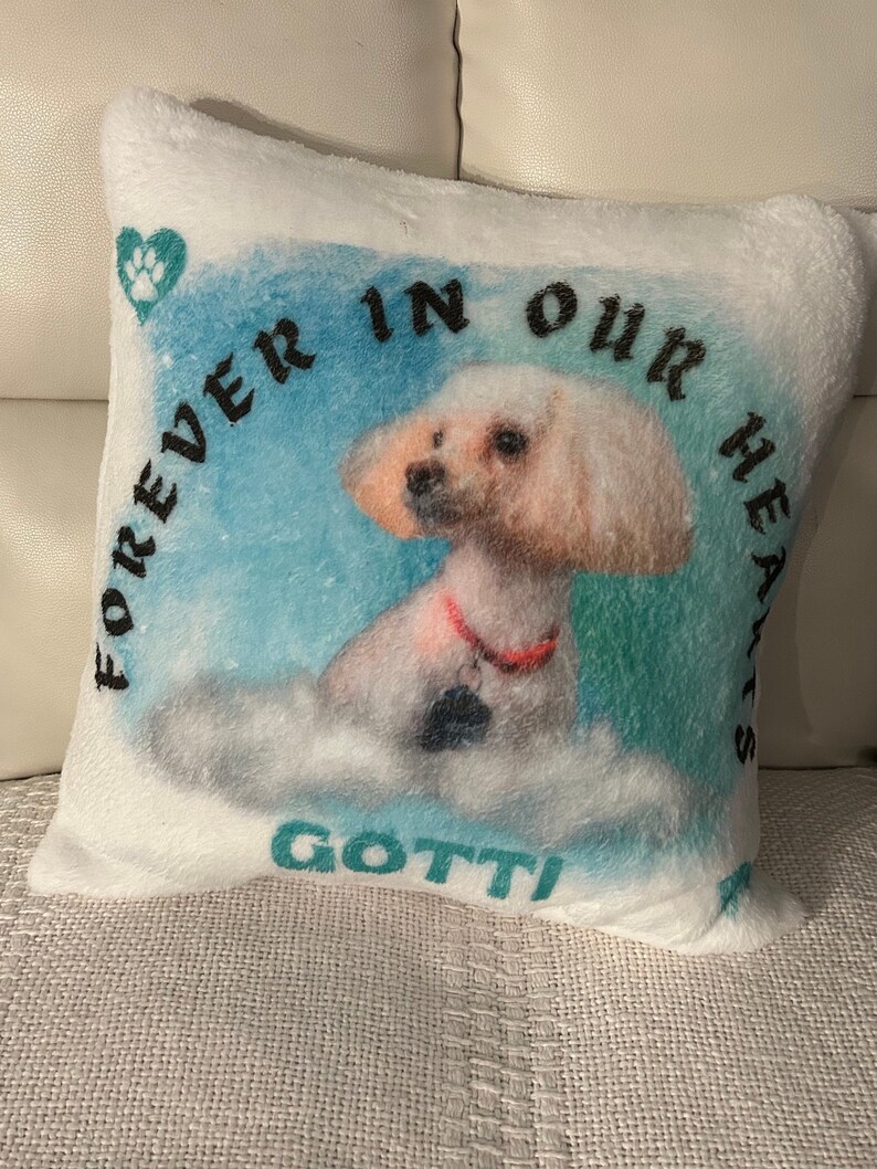 May include: White plush pillow with a watercolor-style image of a dog. The image is surrounded by a blue background with the words "FOREVER IN OUR HEARTS" and the name "GOTTI" in teal.
