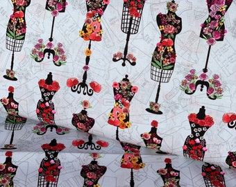 VINTAGE DRESS FORMS - Timeless Treasures Floral Dress Forms Print Fabric by the yard - Cotton Print Fabric - Fabric by the Yard - Fabric
