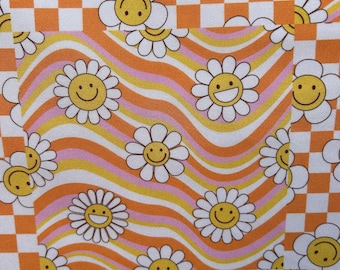 Retro Daisy Spandex Fabric: Groovy Checkerboard 4-Way Stretch Print