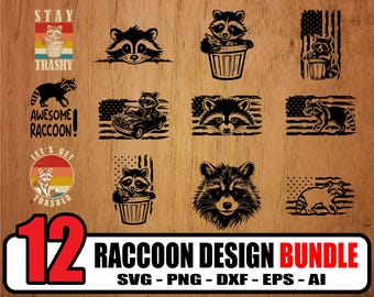 12 Raccoon Design Bundle svg, svg, png, eps, dxf, (Digital Download)