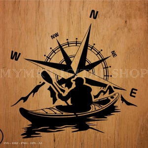 Könnte beinhalten: Schwarze und weiße Silhouette einer Person, die ein Kajak paddelt, mit einem Kompass im Hintergrund. Der Kompass zeigt die Richtungen Nord, Süd, Ost und West.