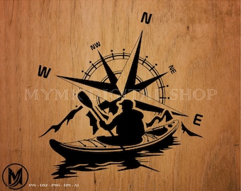 May include: Black and white silhouette of a person paddling a kayak with a compass rose in the background. The compass rose has the directions north, south, east, and west.