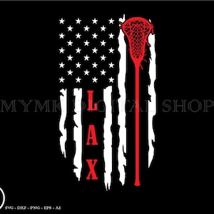 May include: Black background with a distressed American flag design. The flag features white stars and stripes, with the word "LAX" in red. A red lacrosse stick is superimposed over the flag. The image includes the text "MYMK DIGITAL SHOP" and file type information.