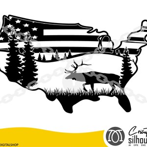 Us Map with Deer and American Flag Svg Datei, Jagd svg, Hirsch Jagd svg, svg, png, cricut, dxf, clipart