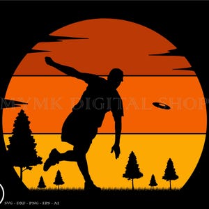 May include: Silhouette of a person throwing a frisbee in front of a sunset with a retro design. The sunset is orange, yellow, and red. There are trees in the foreground.