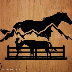 Horse and Girl in Farm with Mountain View svg file, horse svg, svg, png, cricut, dxf, clipart, for Commercial and Personal use