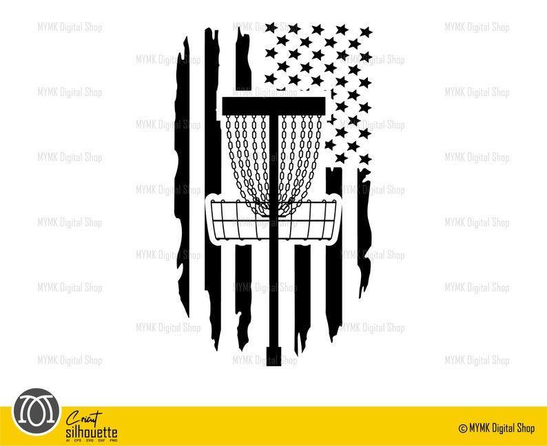 K&ouml;nnte beinhalten: Schwarz-wei&szlig;e Silhouette eines Disc-Golf-Korbs mit einem abgenutzten amerikanischen Flaggen-Design. Der Korb ist in der Mitte des Bildes und die Flagge dahinter.