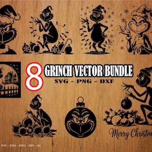 May include: A digital collection of eight black silhouette illustrations featuring a character in a Santa hat, Christmas ornaments, and festive lights. The text reads 8 GRINCH VECTOR BUNDLE SVG - PNG - DXF and Merry Christmas, presented on a wood grain background.