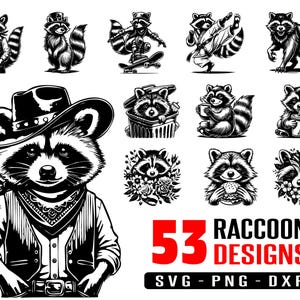 53 modèles de raton laveur svg, svg de raton laveur, bundle svg, svg, png, cricut, dxf, clipart, pour usage Commercial et personnel