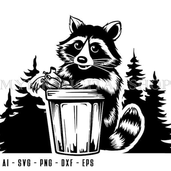 Raccoon svg, Raccoon and Trash Can with Trees svg, svg, png, cricut, dxf, clipart, for Commercial and Personal use