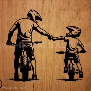 May include: Black and white silhouette of two people riding bicycles. The person in the front is wearing a helmet and holding the hand of the person behind them. Both people are wearing shorts and t-shirts.