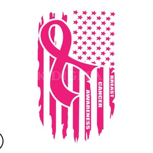 May include: Pink ribbon with the words "Breast Cancer Awareness" superimposed on a distressed American flag design.