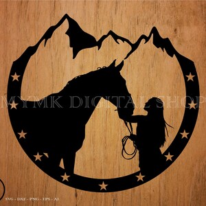 Girl and Horse Mountain Circle with Stars - Horse svg, coyboy svg, svg, png, cricut, dxf, clipart, for Commercial and Personal use
