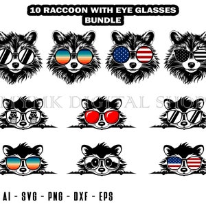 Raccoon Head with Eye Glasses Bundle of 10, Raccoon svg, svg, png, cricut, dxf, clipart, for Commercial and Personal use