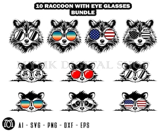 Raccoon Head with Eye Glasses Bundle of 10, Raccoon svg, svg, png, cricut, dxf, clipart, for Commercial and Personal use