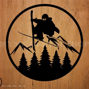Ski Jumper Mountain & Trees Circle svg file, ski svg, snowboarding svg, svg, png, cricut, dxf, clipart, for Commercial and Personal use