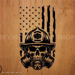 May include: Black and white illustration of a skull wearing a firefighter's helmet and a gas mask. The skull is in front of an American flag.