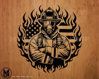 May include: Black and white illustration of a firefighter wearing a gas mask and helmet, standing in front of an American flag with flames behind them.