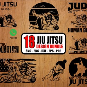 Może przedstawiać: Zestaw 18 grafik projektowych Jiu Jitsu w formatach SVG, PNG, DXF, EPS i PDF. Projekty zawierają ilustracje technik grapplingu, a także teksty takie jak "Judo: Studium fizyki z ludzkim ciałem".