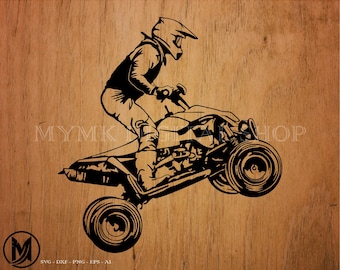 May include: Black and white silhouette of a person riding an ATV. The person is wearing a helmet and is leaning forward as they drive. The ATV has large wheels and a long body.