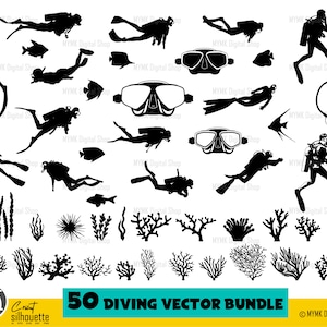 May include: A set of 50 black and white vector illustrations of scuba diving equipment, divers, and underwater life. The illustrations include a scuba tank, diving mask, fins, coral, seaweed, and fish.