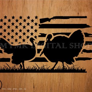 Pareja de pavos con bandera estadounidense genial SVG, PNG, pavo SVG, pavo PNG, caza de pavos, para cazar pavos, pavo listo para Cricut
